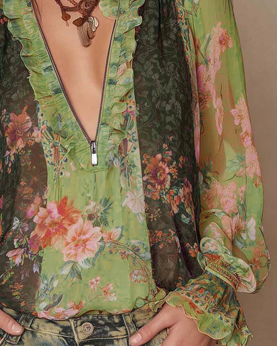 Demi-Zip Imprimé Fleuri Blouse