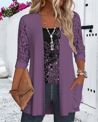 Haut décontracté avec patchwork de dentelle papillon et poche