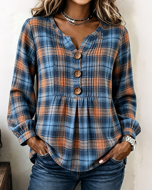 Blouse Trois-Bouton À Carreaux Manches Longues