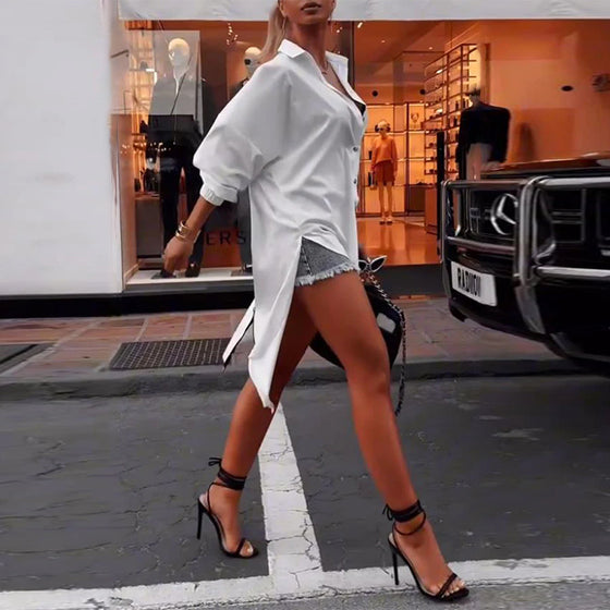 Chemise décontractée fendue à revers de couleur unie