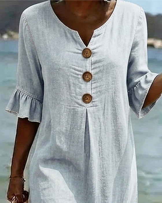 Robe Lotus Feuille Manches Jeans