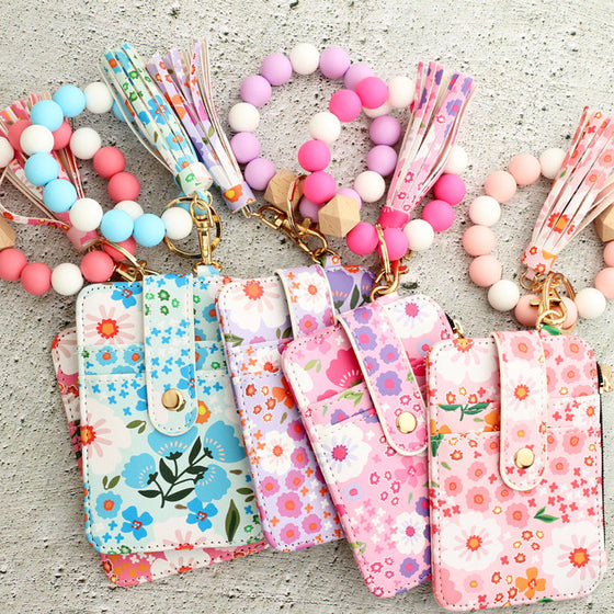 Petit Porte-Monnaie En Cuir Floral Avec Porte-Clés Et Bracelet