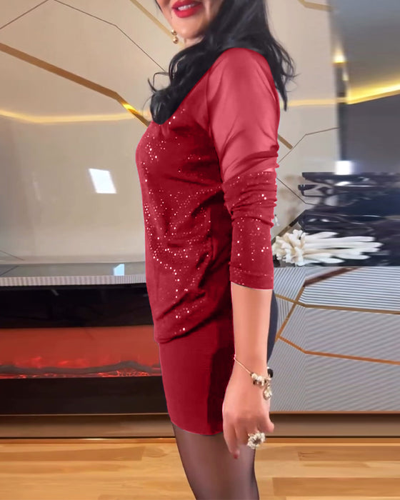 Top sexy col V en maille et sequins couleur unie