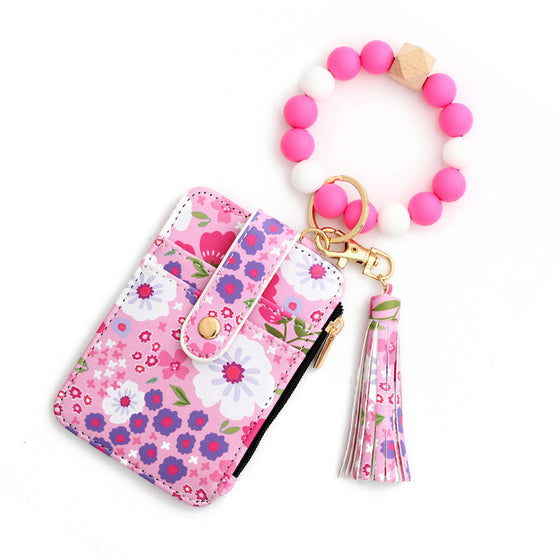 Petit Porte-Monnaie En Cuir Floral Avec Porte-Clés Et Bracelet