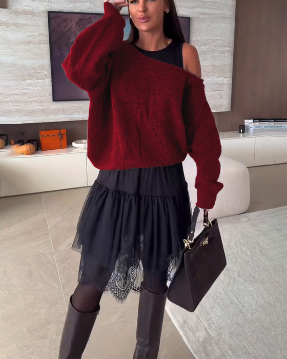 Décolleté Épaules Nues Loose Pull & Ourlet Dentelle Robe