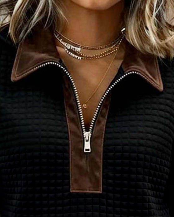 Sweatshirt Revers Fermeture Éclair Poche Bloc De Couleur