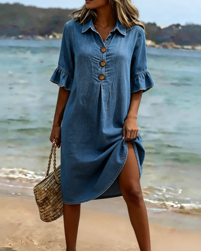 Robe Denim Manches Volantées Chemise