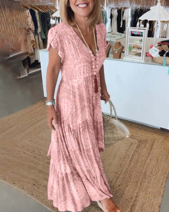 Robe à manches fendues et col en V imprimé vacances