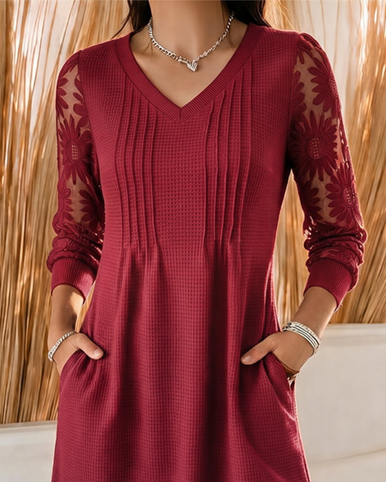 Robe Col V Froncé Patchwork