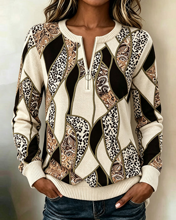 Sweatshirt Col Rond Fermeture Éclair Léopard Patchwork