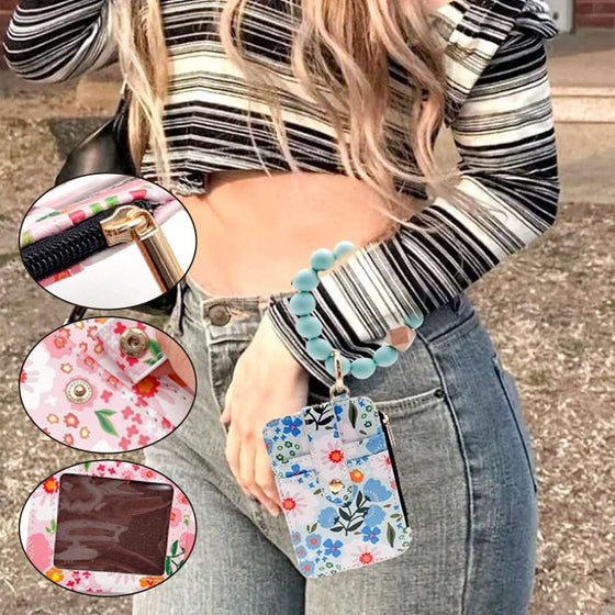 Petit Porte-Monnaie En Cuir Floral Avec Porte-Clés Et Bracelet