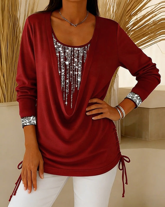 Haut Col Cassé Paillettes Fines Faux Deux-Pièces