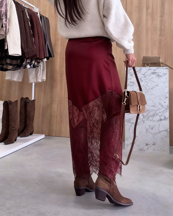 Jupe Élégante En Satin À Empiècements De Dentelle