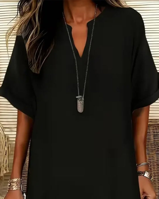 Robe Col En V Manches Courtes Unie Fourreau