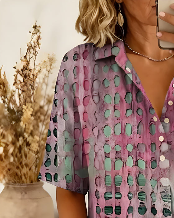 Blouse Imprimé Pois Bouton Demi-Patron
