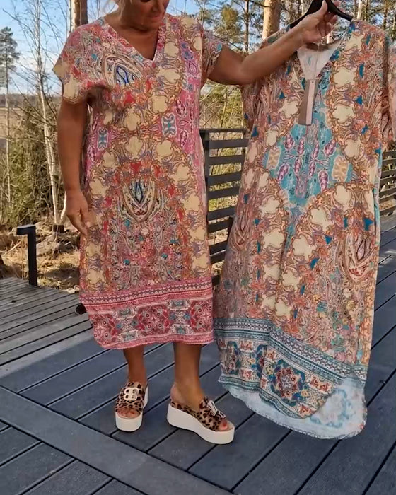 Robe Col En V Manches Courtes Imprimée Droite