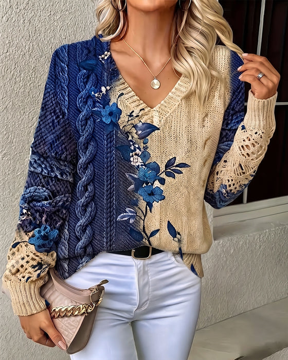 Pullover Dégradé Bloc De Couleur Fleuri Col En V Évidé