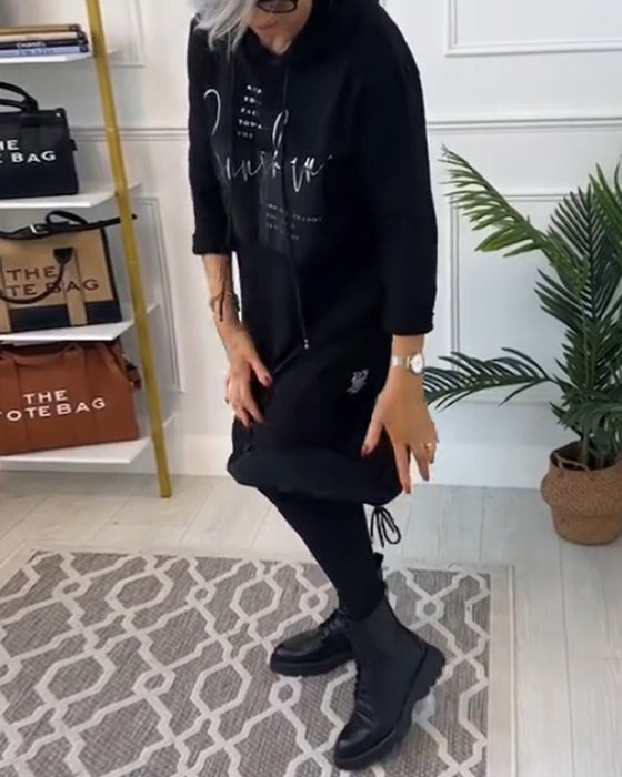 Robe décontractée à capuche avec imprimé lettres en blocs de couleurs et poche