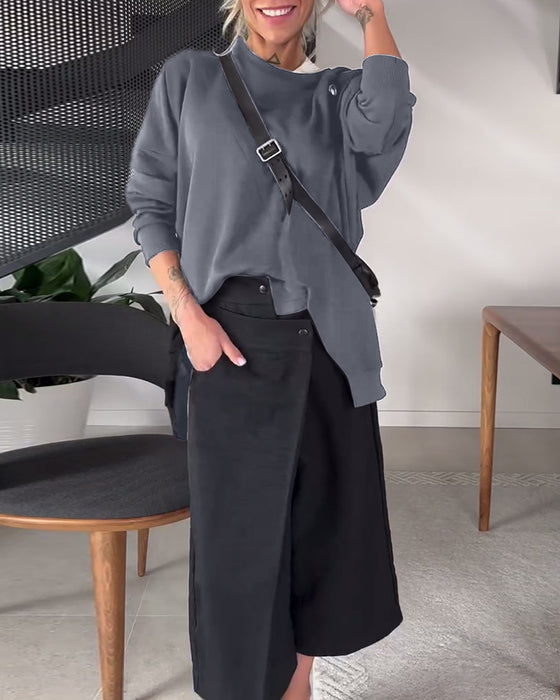 Sweat-shirt décontracté à col rond et fente de couleur unie