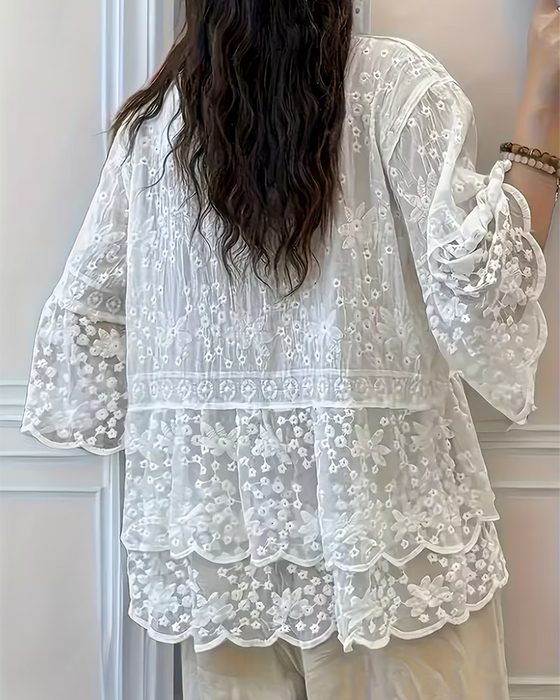 Blouse Manche Courte Dentelle Garniture