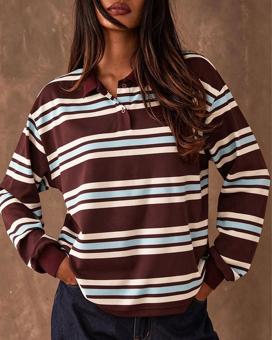 Haut Revers Bloc De Couleur Rayé Manches Longues