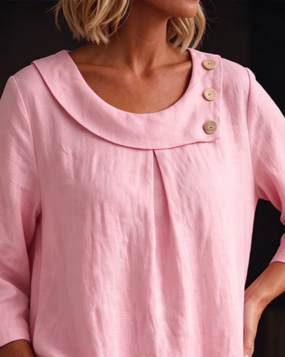 Blouse Ourlet Roulé Col Rond Bouton Lâche