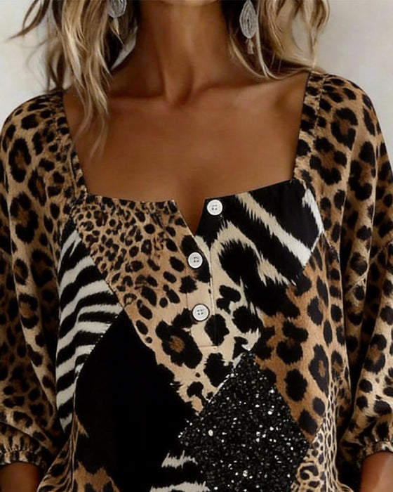 Chemisier Col Carré Imprimé Léopard Patchwork Sequins