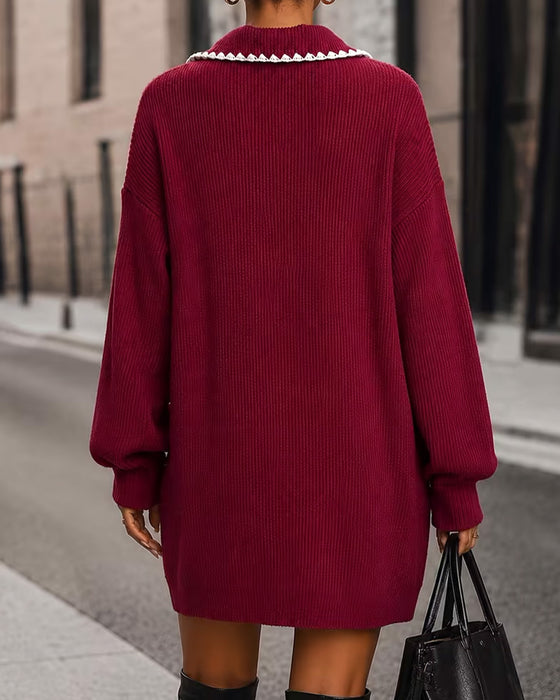 Robe Pull Revers Contraste Manches Lanterne
