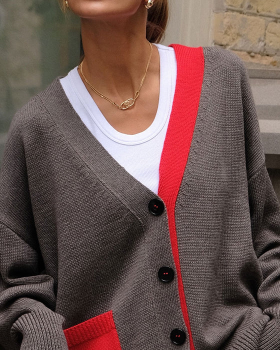 Cardigan Contraste Col V Boutonné