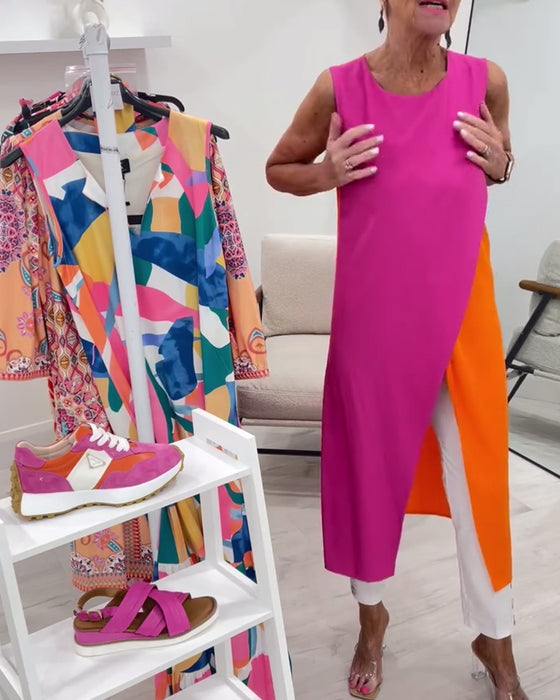 Blouse Sans Manches Couleur Contrastée Fente Longue