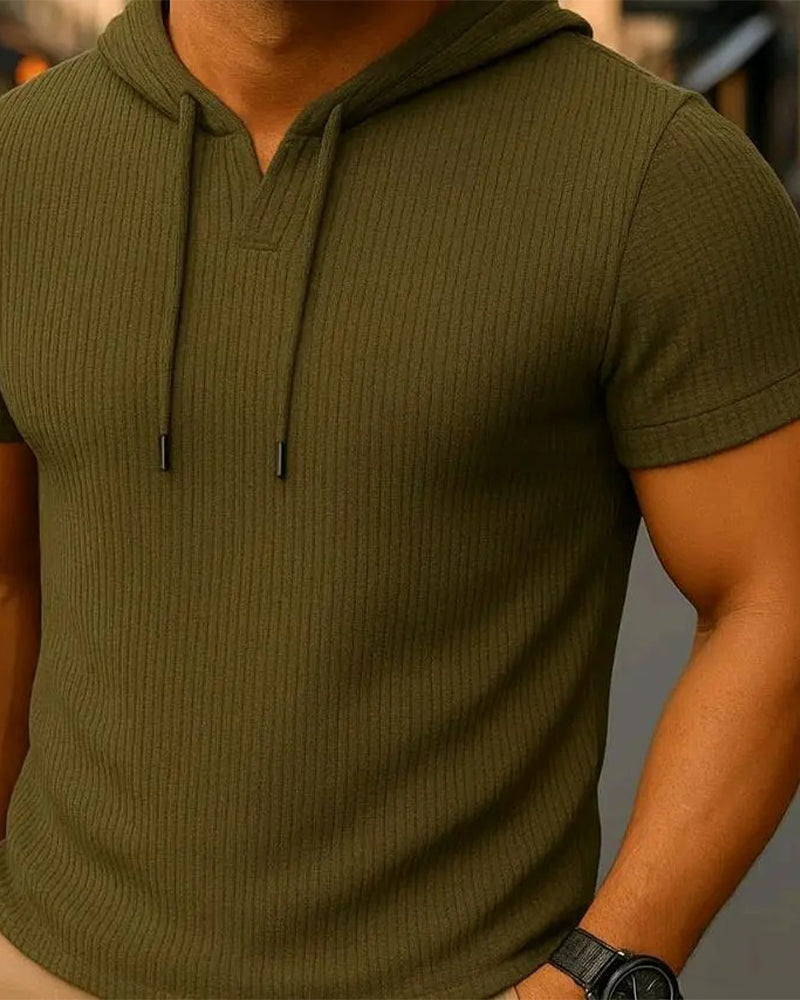 T-Shirt Col V Fente Rayure Verticale Manche Courte Hoodie