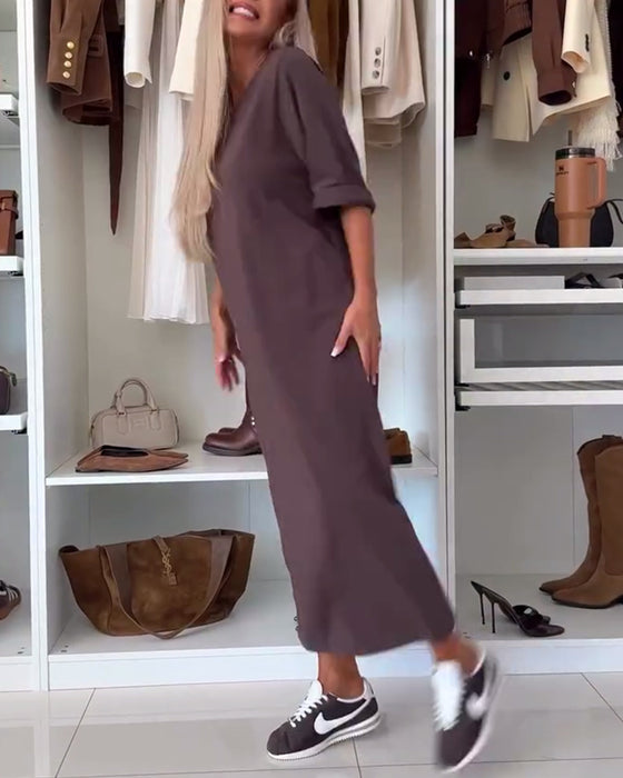 Robe Uni Col Rond Fente Tunique