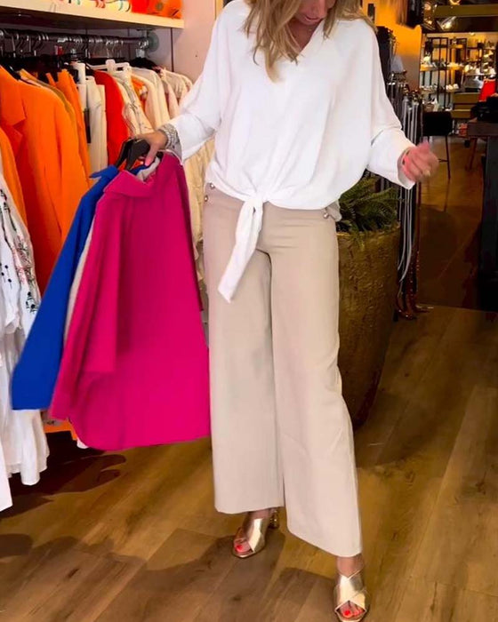 Chemisier à col en V à cravate de couleur unie