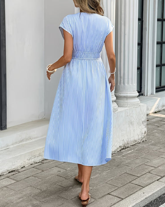 Robe Col En V Rayée Taille Cintrée