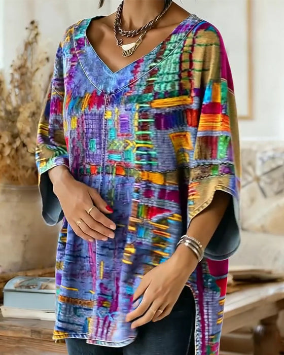 Blouse À Imprimé Géométrique Coloré Avec Manches Larges