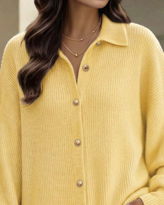 Cardigan Revers Bouton Manche Lanterne Épaule Tombante