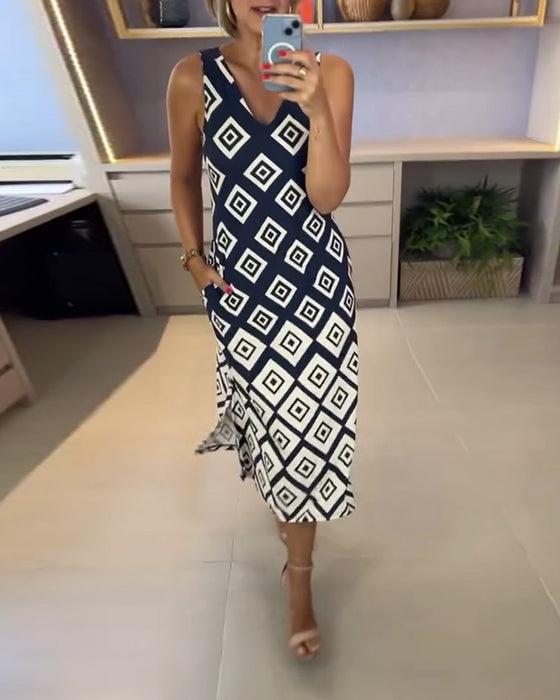 Robe Col En V Imprimé Losange Sans Manches