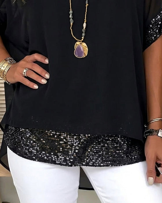 Blouse Paillettes Patchwork Transparent Lâche