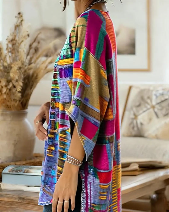 Blouse À Imprimé Géométrique Coloré Avec Manches Larges