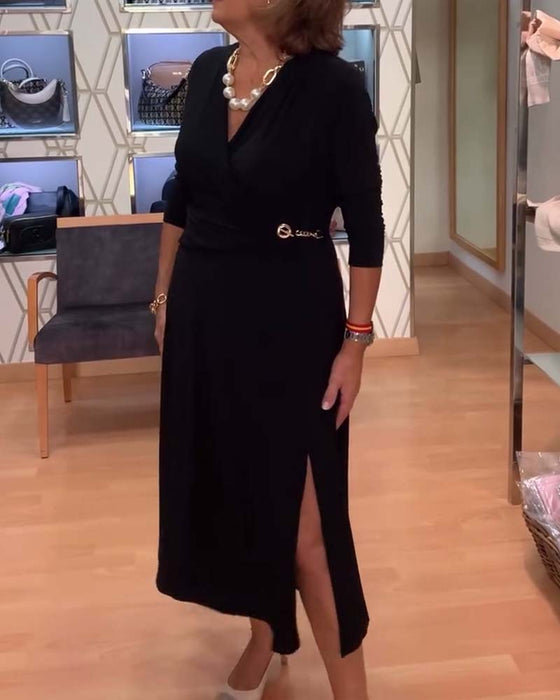 Col V Cintré Fente à la Taille Robe