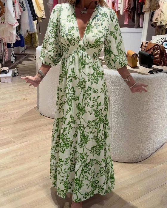 Robe Décolleté Profond En V Élégant Floral Longue
