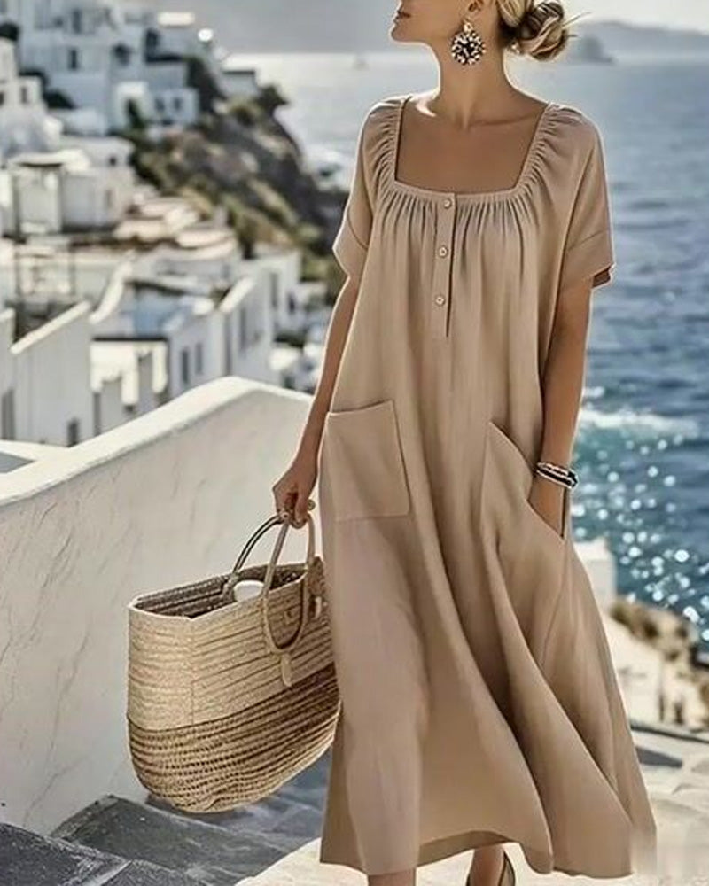 Robe Col Carré Loose Mi-Boutonné Longue