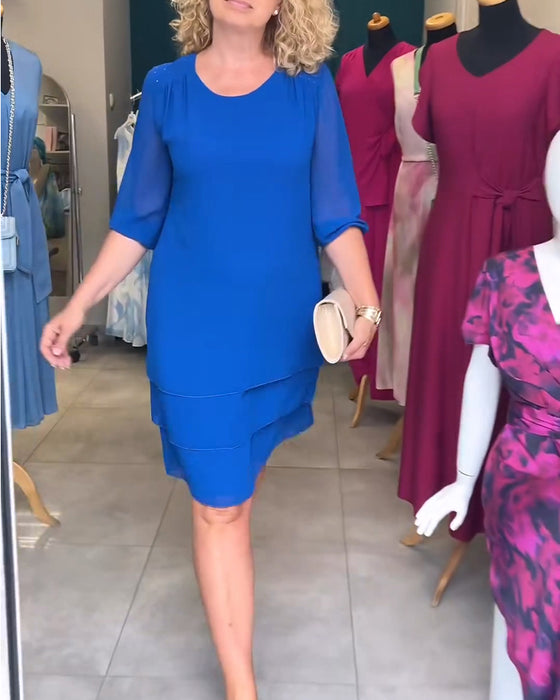 Robe Manche Demi Col Rond Double Couche Superposée