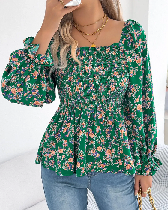Blouse Col Carré Froncée Fleurie Volant