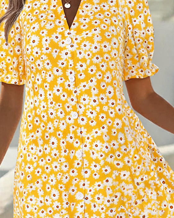 Robe Col V Manche Ballon Daisy