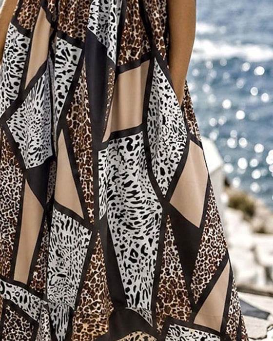 Robe Géométrique Patchwork Léopard Jupe Ample Maxi