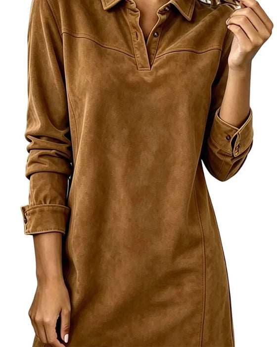 Robe Revers Bouton Manches Longues