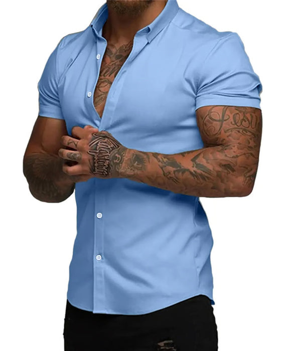 Chemise Haute Élasticité Revers Manches Courtes Homme