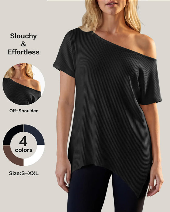 T-Shirt Irrégulier Off-Shoulder Manche Courte Côtelé