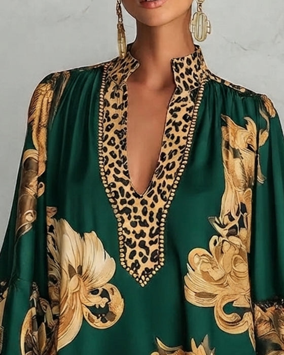 Robe Léopard Manche Lanterne Col Montant Imprimé